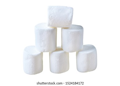 Heap of six pieces of raw sweet tasty marshmallows cylindrical form isolated on white background. Close-up