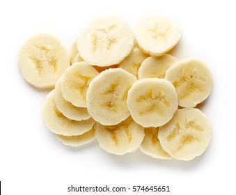 Heap of sliced banana isolated on white background, top view