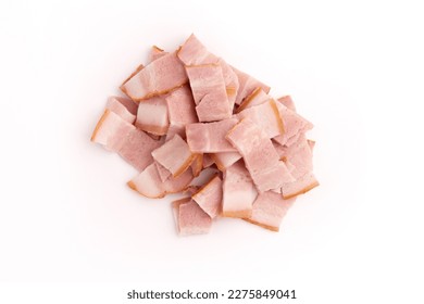 heap of sliced raw smoked bacon isolated on white background, pork meat strips pieces, package design element, top view - Powered by Shutterstock