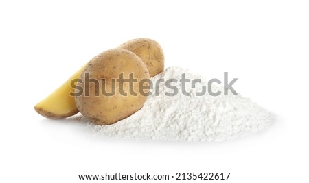 Heap of starch and fresh potatoes on white background