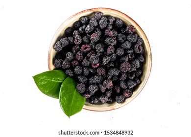 Heap Of Sun Dried Sweet Blackberries Isolated On White Background. Top View