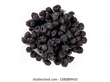 Heap Of Sun Dried Sweet Blackberries Isolated On White Background. Top View