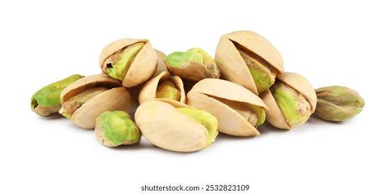 Heap of tasty pistachio nuts isolated on white