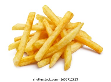 Heap of tasty potato fries, isolated on white background
