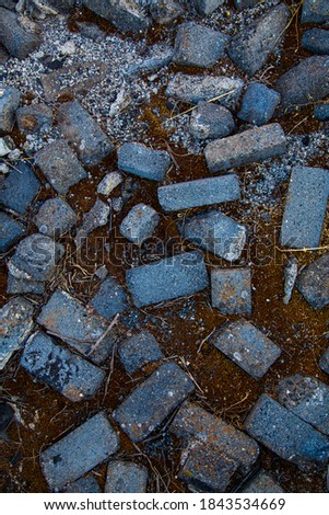 Image, Stock Photo Various black tarred oil drums stacked in three rows on the island of Corfu