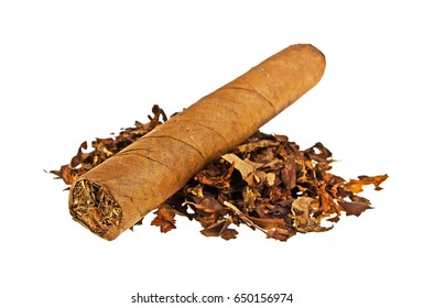 Heap Of Tobacco And Cigar Isolated On A White Background