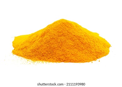Heap of turmeric powder isolated on white background, close-up. Yellow turmeric powder. Indian spice, turmeric powder isolated on white background. Turmeric powder isolated on white background, macro.