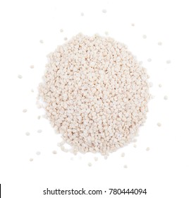 Heap of Urad Dal or Black Gram Split Pulse Unpolished Without Cover Also Know as Vigna Mungo, Black Gram, Urad Bean, Mungo Bean, Black Matpe Bean or Split Black Gram isolated on White Background