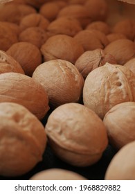 Heap of walnuts in shell. Closeup