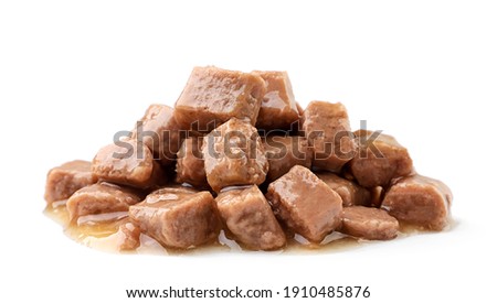 Heap of wet pet food on a white background. Isolated