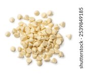 Heap of white chocolate chips close up isolated on white background