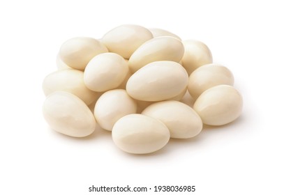 Heap Of White Chocolate Covered Almonds Isolated On White