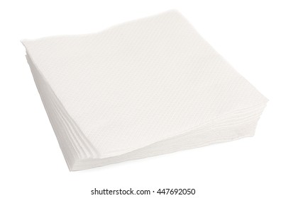 Heap of white paper napkins isolated on white background, close-up. Top view .