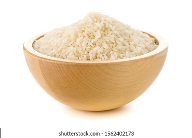 Heap Of White Uncooked, Raw Long Grain Rice In Wooden Bowl On White Background