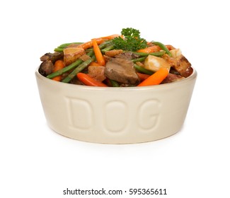 Heaping Bowl Of Fresh Homemade Dog Food - Beef Stew With Carrots And Green Beans