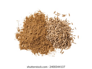 Heaps of aromatic caraway (Persian cumin) powder and seeds isolated on white, top view