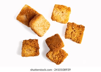 Heaps of delicious crispy fried croutons isolated on white, set