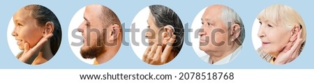 Hearing aid, hearing solutions. Portraits of people of different ages with hearing aids behind the ear for treatment deafness