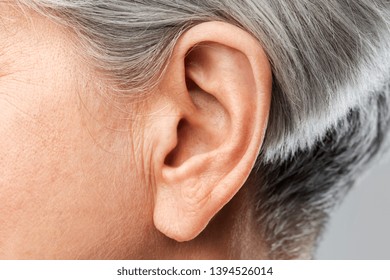 Hearing, Body Part And Old Age Concept - Close Up Of Senior Woman Ear