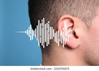 Hearing Loss Concept. Man And Sound Waves Illustration On Light Blue Background, Closeup