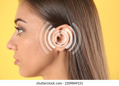 Hearing Loss Concept. Woman And Sound Waves Illustration On Yellow Background, Closeup