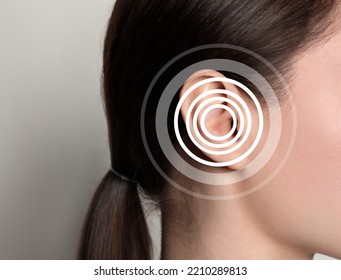 Hearing Loss Concept. Woman And Sound Waves Illustration On Light Background, Closeup