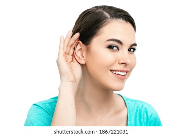 Hearing Test Concept. Positive Hispanic Woman Holds Hand Near Ear, Isolated On White Background