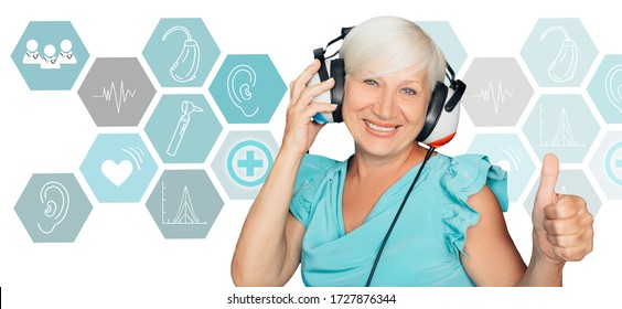 Hearing test, a concept for testing, and diagnosing hearing diseases. Elderly woman in headphones on the background of the logos of the ear, otoscope and other ear logos