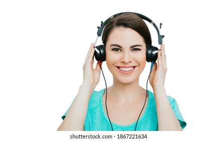 Hearing Test, Hearing Diagnostic. Smiling Hispanic Woman Wearing Headphones Having An Audiometry Test, Isolated In White