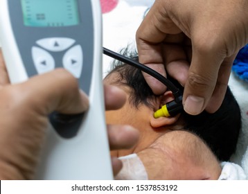 Hearing Test In A Newborn Baby, Otoacustic Emissions. Hearing Screening. Selective Focus. Hispanic Ethnicity. 