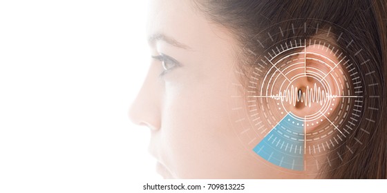 Hearing test showing ear of young woman with sound waves simulation technology