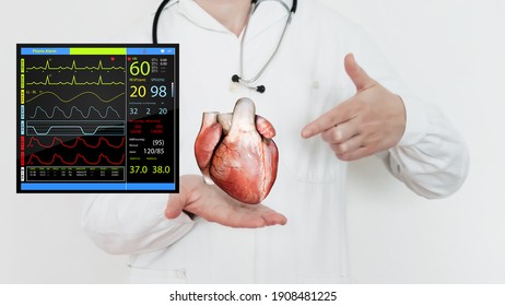Heart anatomy, Cardiologist on blurred background, patient monitor graphic, combination of 3d and photo