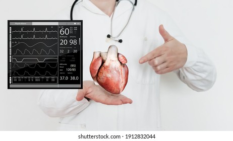 Heart Anatomy, Cardiologist On Blurred Background, Patient Monitor Graphic, Ecg, Combination Of 3d And Photo