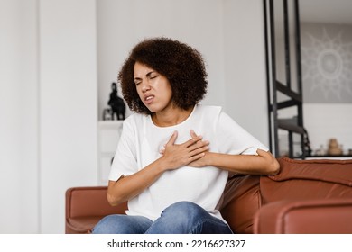 Heart Attack Disease Of African American Woman. Symptoms Of Angina Pectoris. Attractive Sick Black Girl With Heart Ilness Infarkt