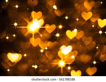 Heart Background Boke Photo, Dark Yellow Color. Abstract Holiday, Celebration And Valentine Backdrop.