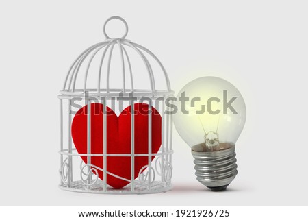 Heart in bird cage with free light bulb - Mind and heart concept