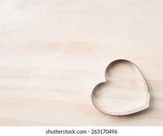 Heart Biscuit Cutter Bake Tool On White Wooden Background, Top View,place For Text