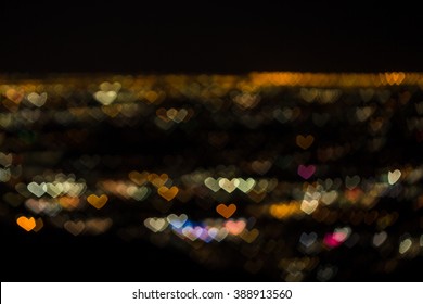 A Heart Bokeh Shot Of Los Angeles, California, At Night, From The Hop Of Mulholland Drive 