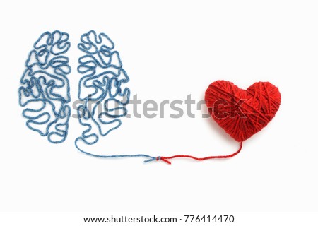 Heart and brain connected by a knot on a white background