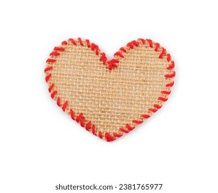 Heart of burlap fabric with red stitches isolated on white, top view - Powered by Shutterstock