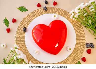 Heart Cake.Valentines Day Dessert.Mousse Cakes.Red Heart Cake And White Daisies. Wedding Dessert Cake With Berries And Chamomile Flowers.Cake For A Loved One.View From Above. Baked Goods And Desserts 