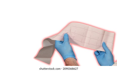 Heart cardiogram in the hands of a doctor. Doctor analyzes heart disease on cardiogram isolated on white background