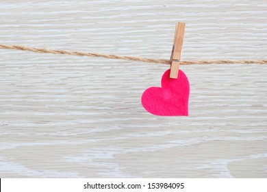 Heart Clothespin Rope Romantic Love Vintage Wooden Background.