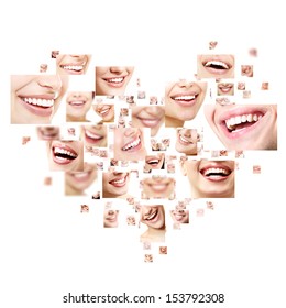 Heart collage of perfect smiles. Set of beautiful wide human smiles with great healthy white teeth. Isolated over white background 