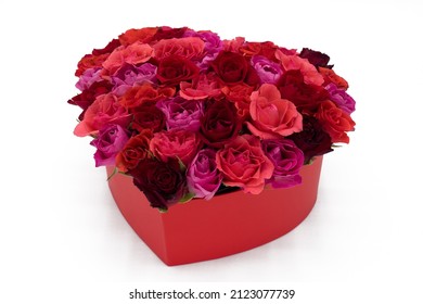 Heart Of Colorful Red Roses In A Box On White Background.