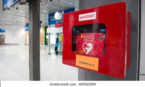 Heart defibrillator in public location in the international airport for prepared to provide life-saving cardiopulmonary resuscitation.