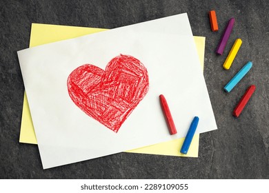 heart drawn with crayons on a white sheet of paper, children's drawing, happy mother's day, father's day