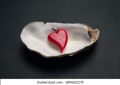 Heart In Empty Oyster Shell On Black Background. Valentines Day Card