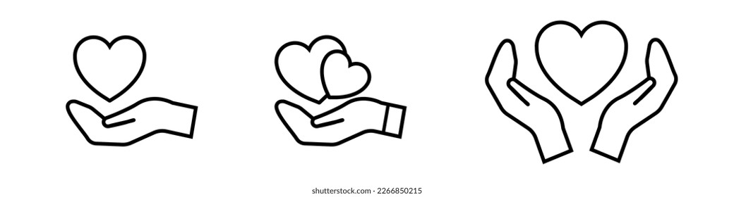 Heart in hand icons set. Hands holding. Love icon. Health, medicine symbol. 