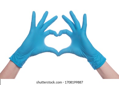 Heart Of Hand In Medical Gloves Isolated On White Background